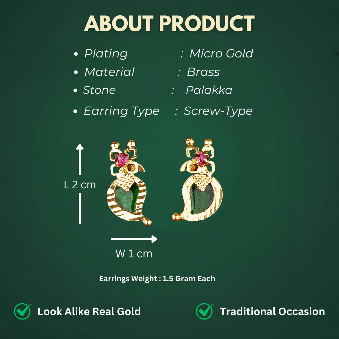 Guaranteed Micro Gold Plated Mango Designer Palakka Stone Stud Earrings Measurement Details Sasitrends