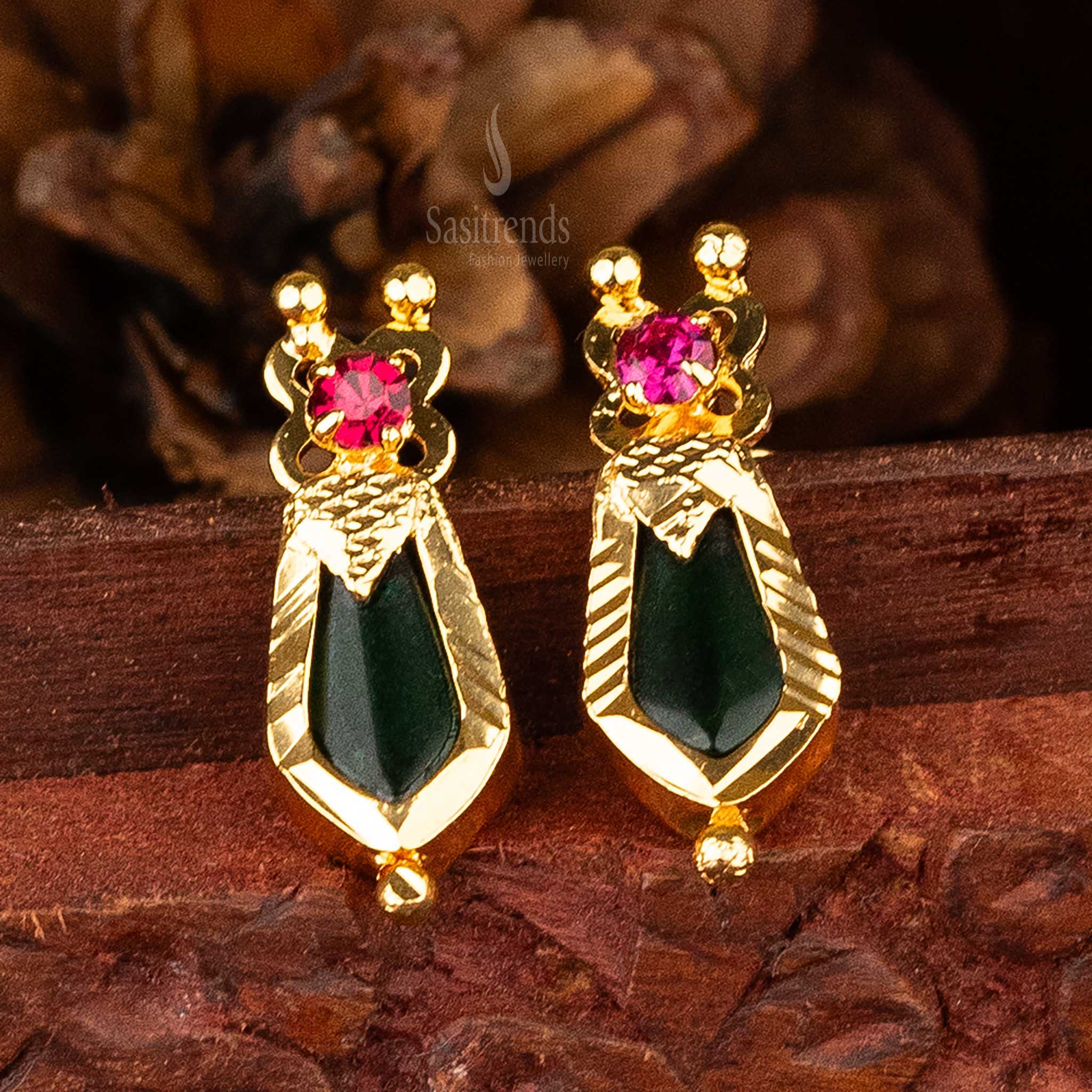 Detailed Green Palakka Nagapadam Earrings with Micro Gold Plating