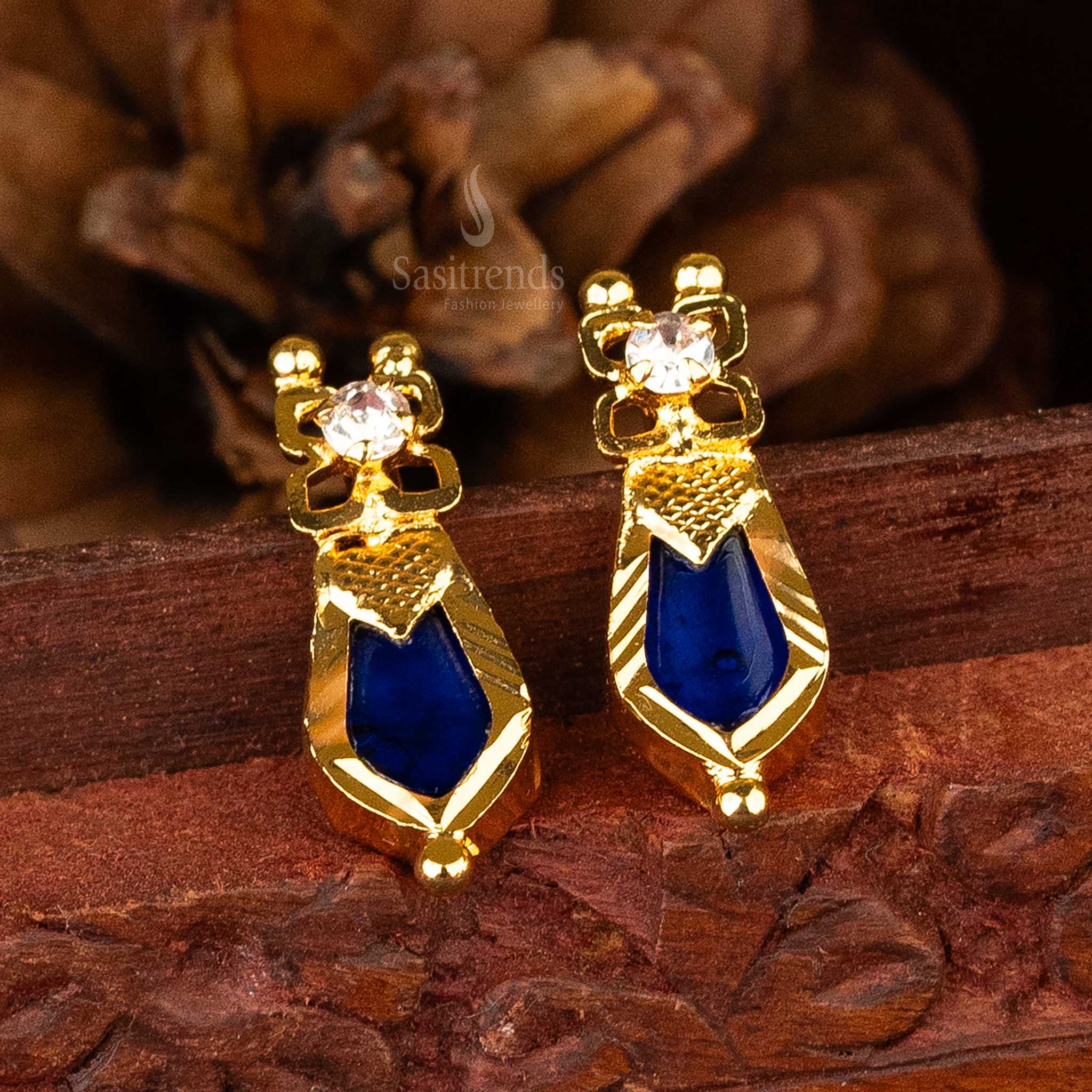 Elegant Blue Palakka Nagapadam Earrings with Brass and Gold Plating