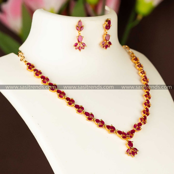 American Diamond Ruby Color Stone Micro Gold Plated Jewellery Set with Waterdrop Motifs |Sasitrends