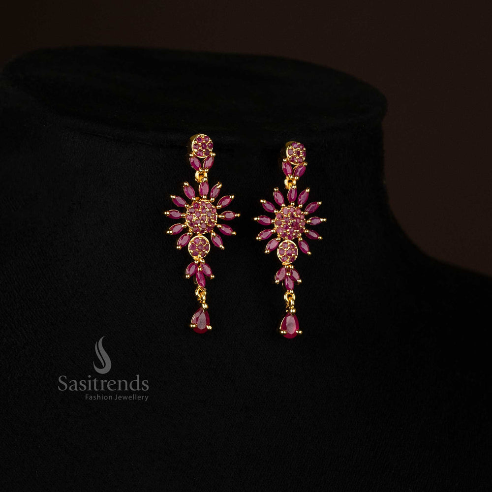 Floral Motif Earrings Set Studded with Ruby Color Stones and American Diamonds for Festive Occasions - Sasitrends