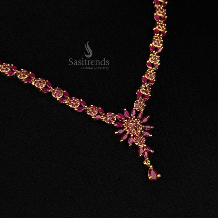 Ruby Color Stone Necklace Set with American Diamonds and Floral Motifs for Classic Elegance - Sasitrends