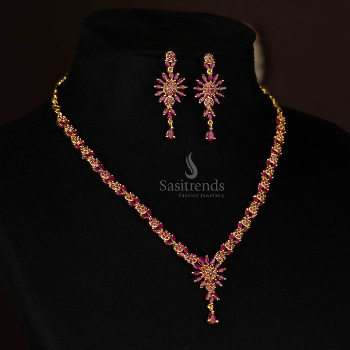 Wonderful American Diamond Micro Gold Plated Ruby Color Stone Studded Necklace Jewellery  Set with Floral Motifs- Sasitrends