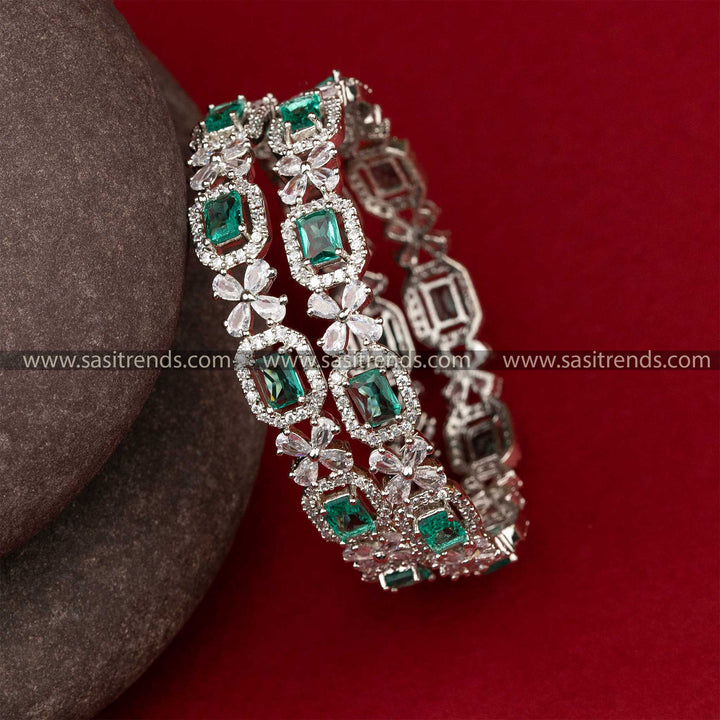 Wedding Elegance Glossy Green Rectangle Stone Stud AD Rhodium Silver Bagnles Sasitrends Online