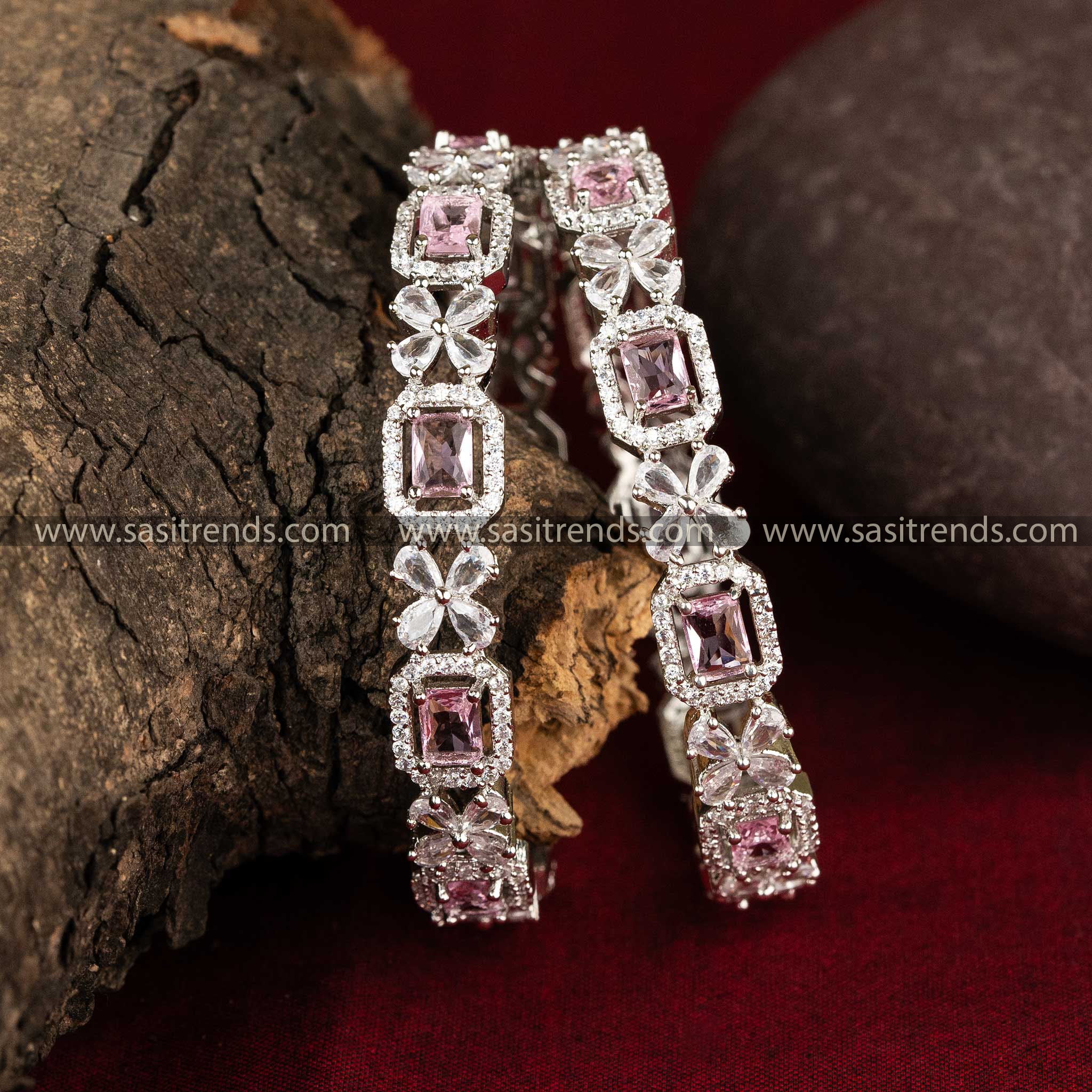 Glossy Pink Rectangle Stone Stud American Diamond Rhodium Silver Bangles Sasitrends Online Shopping