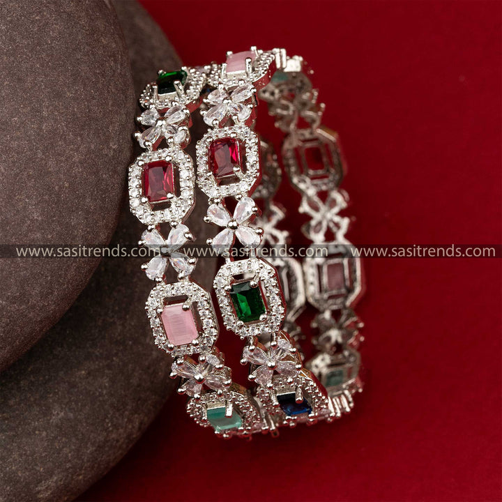 Multi Color Flower Designer American Diamond Rhodium Silver Bangles Sasitrends Online Shopping