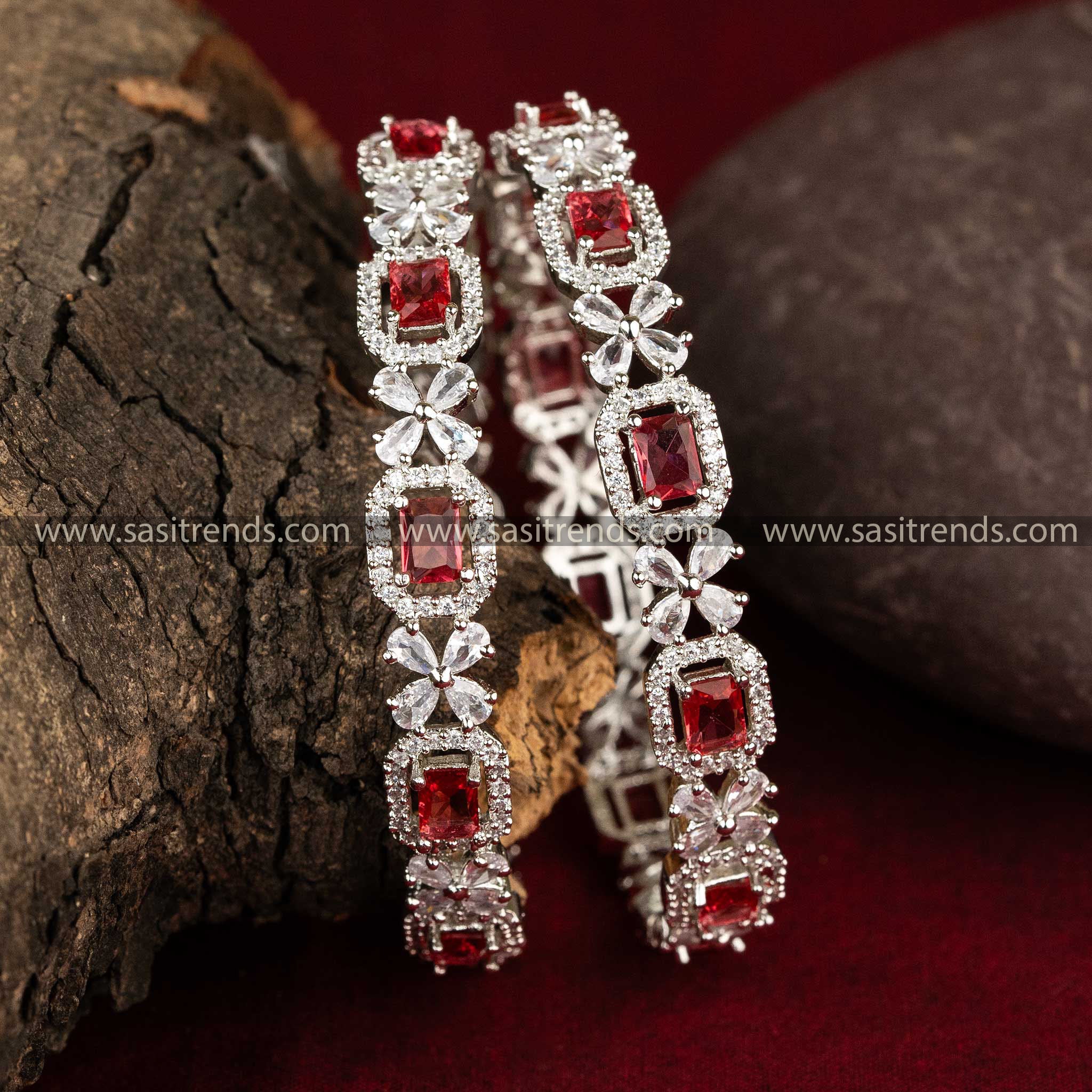 Red Rectangle Stone Stud American Diamond Rhodium Silver Bangles Sasitrends Online Shopping