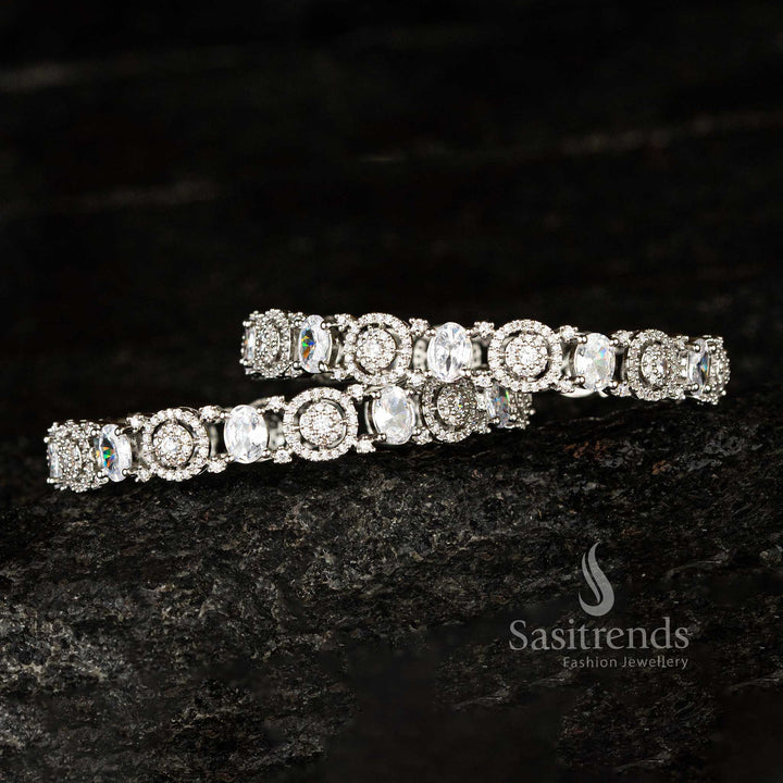 Rhodium Silver Plated White American Diamond Bangles with Circular and Oval Settings - Sasitrends