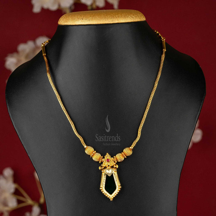 Kerala Palakka Teardrop Pendant Necklace with Side Balls and Adjustable Chain - 24 Carat Gold Plated