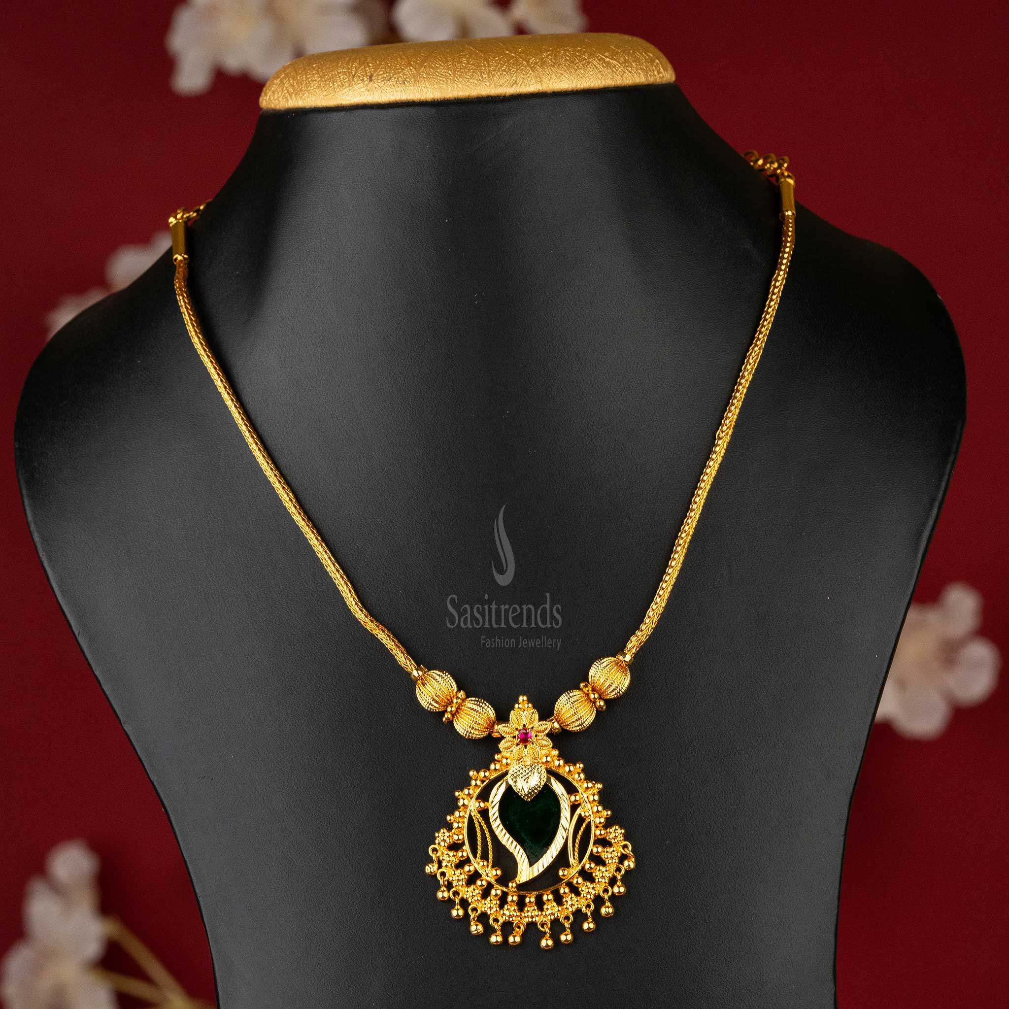 Kerala Palakka Leaf Pendant Necklace with Golden Balls and Adjustable Chain - 24 Carat Gold Plated