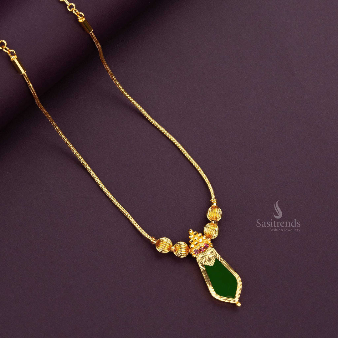 Micro Gold Plated Green Nagapadam Palakka Necklace with Pink Head Stones and Triangular Golden Ball Frame