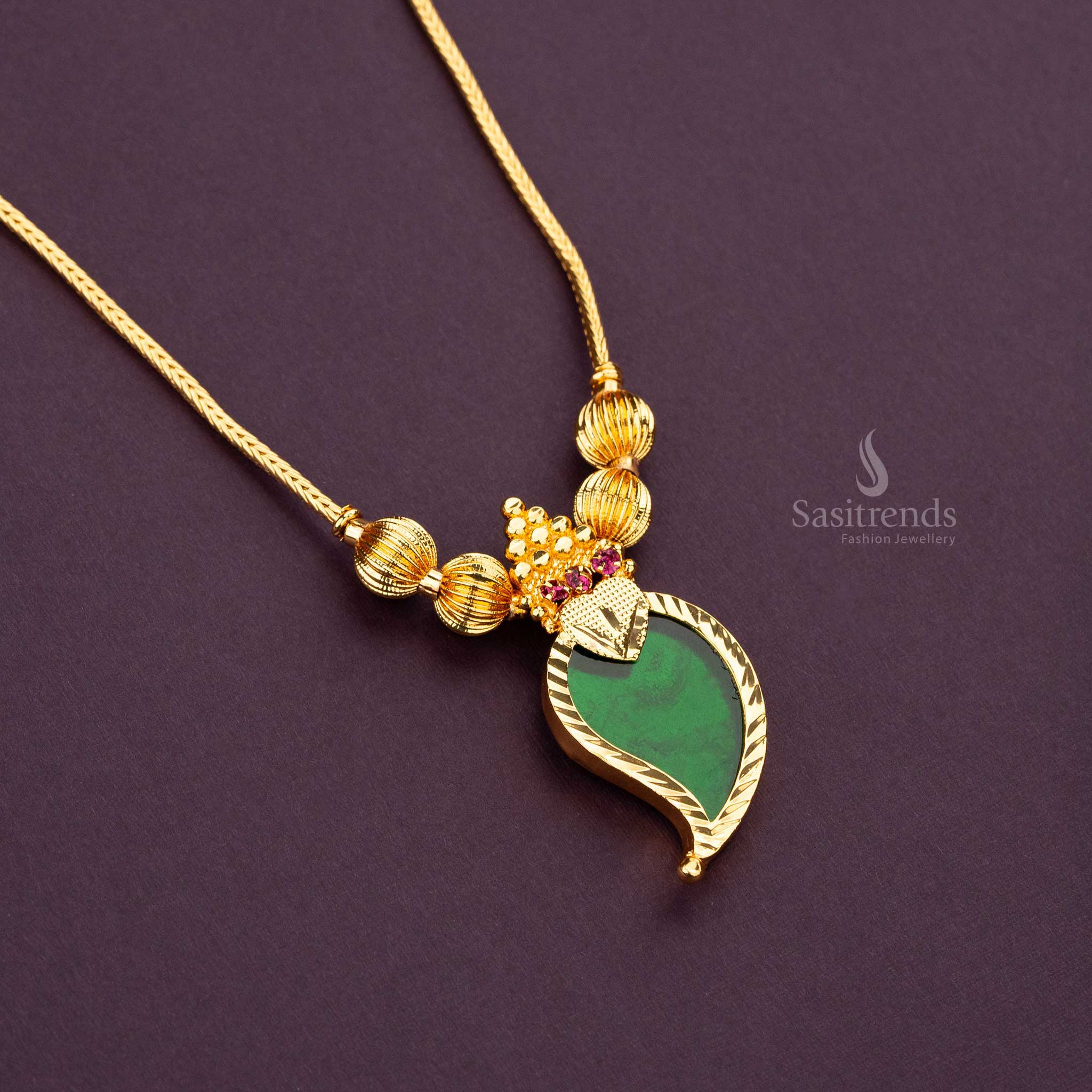 Traditional Kerala Green Palakka Pendant Necklace with Pink Headstones by Sasitrends