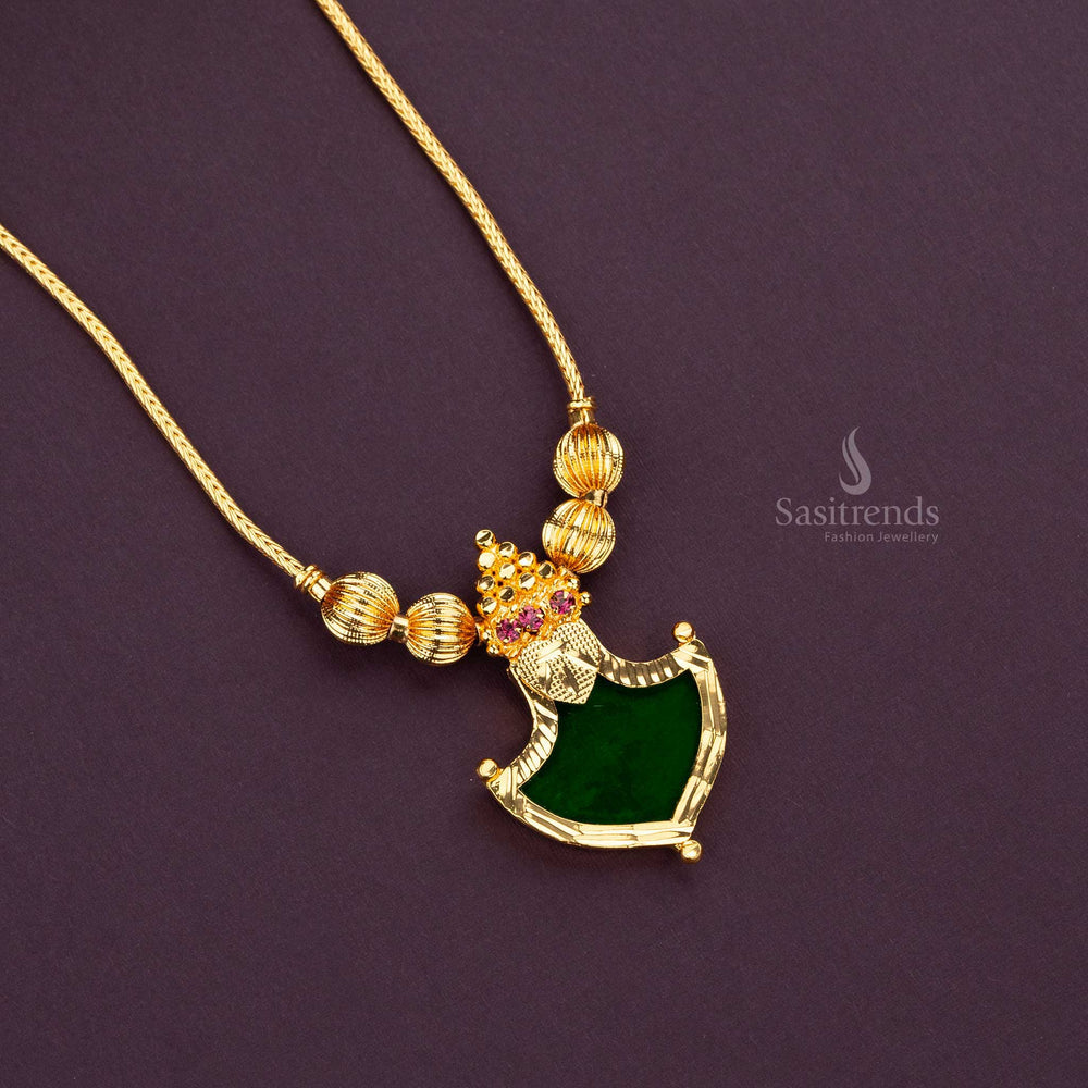 Kerala green palakka pendant necklace with intricate golden balls and pink stones 