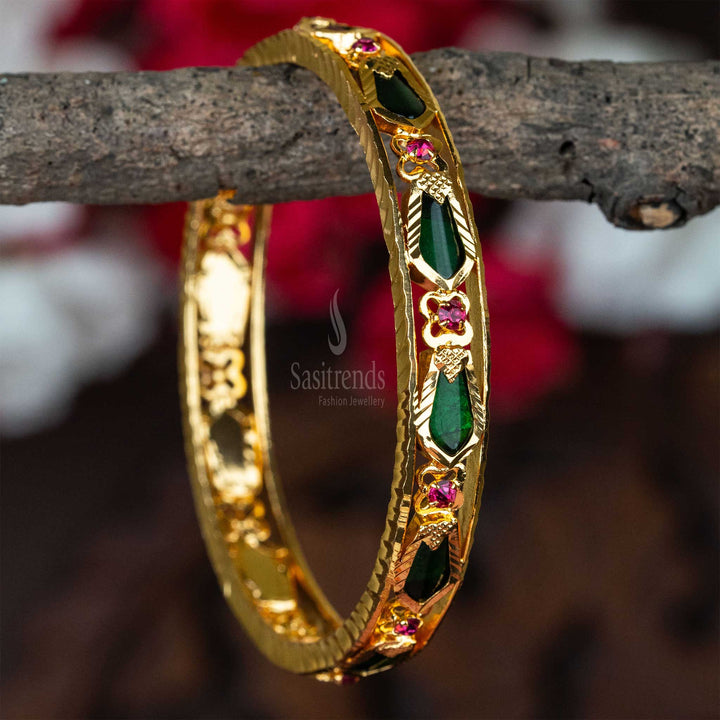 Exquisite Kerala Traditional Wear: Micro Gold Plated Nagapadam Green Palakka Bangles | Sasitrends