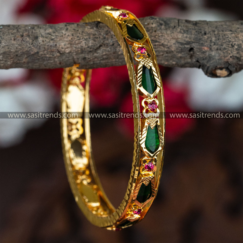 Traditional Latest Micro Gold Plated Nagapadam Green Bangle