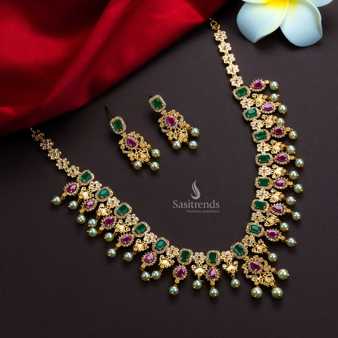 1-gram gold plated jewellery set with earrings and dangling pearls - Sasitrends 
