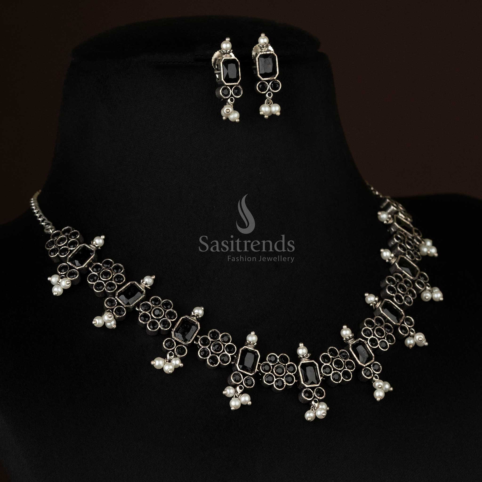 Sophisticated oxidized floral necklace set with pearl drops in classic black, a timeless accessory for both modern and traditional attire - Sasitrends