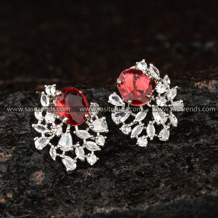 Chic Red Stone American Diamond Bridal Fashion Earrings Sasitrends Online Shopping