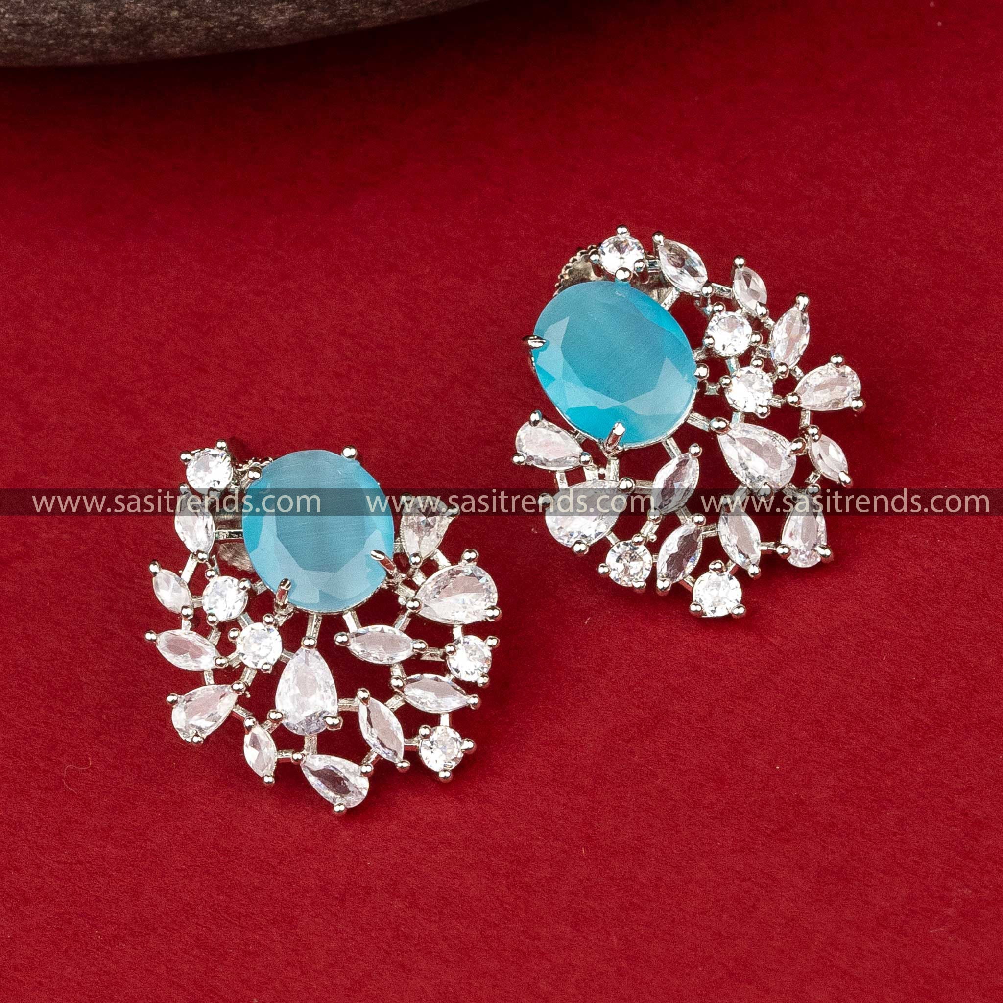 Elegant Ocean Blue American Diamond Rhodium Evening Earrings Sasitrends Online