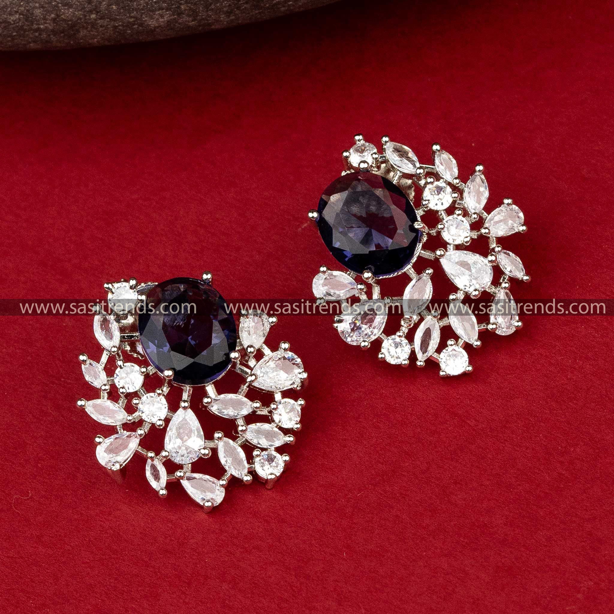 Stylish Purple American Diamond Rhodium Silver Wedding Earrings