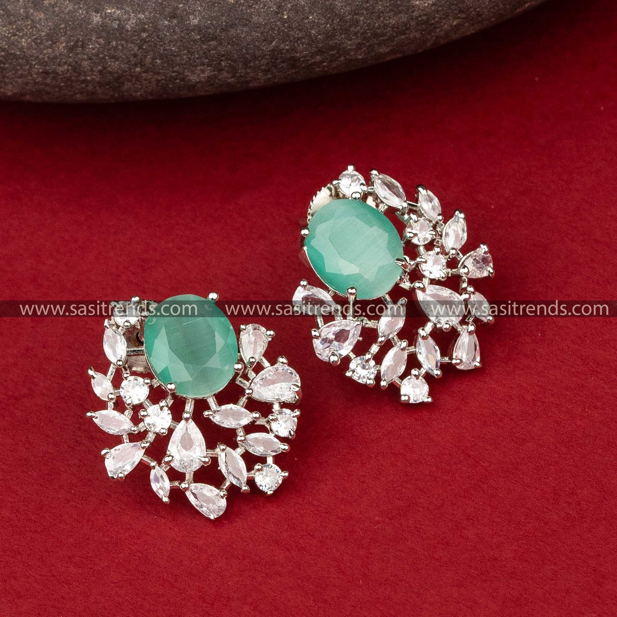 Trendy Rhodium Silver Mint Stone American Diamond Festive Earrings Sasitrends Online Shopping