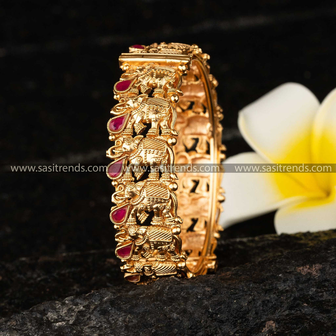 Ruby Antique Gold Tone Temple Kada Bangles Openable Elephant Motif Sasitrends Online 