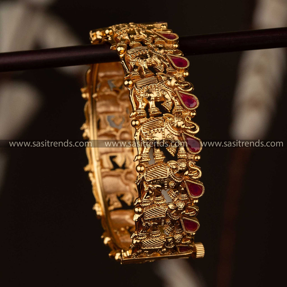 Ruby Antique Gold Tone Temple Kada Bangle Openable Screw Elephant Motif Sasitrends Online Shopping