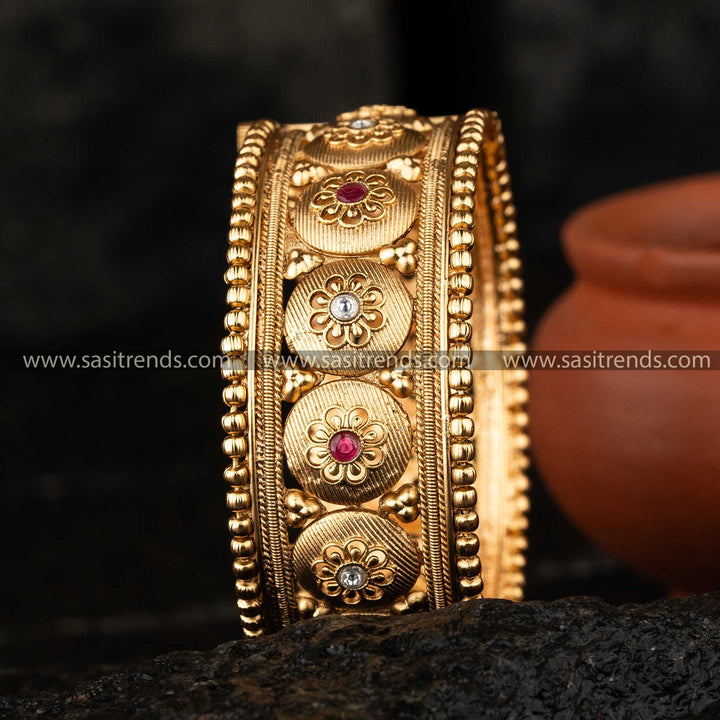 Trendy Bridal Antique Gold Plated Temple Kada Bangle with Floral Motif and Synthetic Stones - Openable Pattern