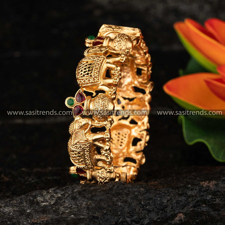 Bridal Matte Gold Plated Ruby Green Elephant Motif Openable Kada Bangle Sasitrends Online