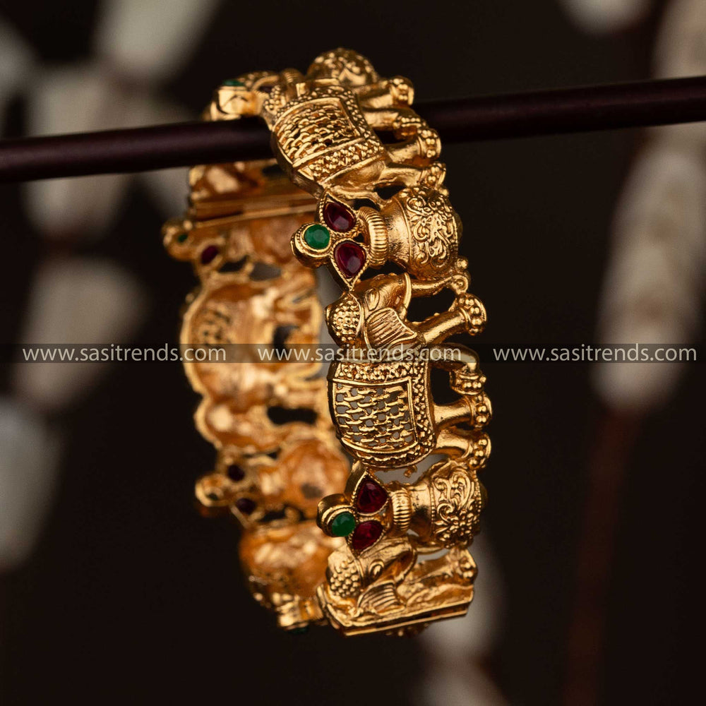 Diwali Special Matt Gold Plated Ruby Green Elephant Motif Openable Kada Bangle Sasitrends Online Shopping