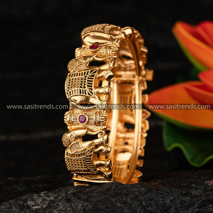 Stunning Bridal Openable Antique Gold Plated Temple Kada Bangles with Elephant Motifs and Ruby Synthetic Stones