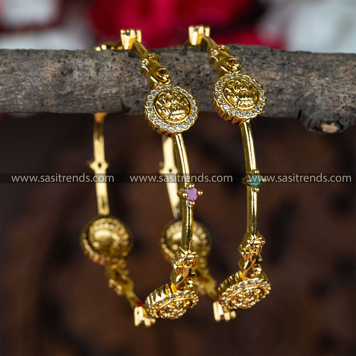 Trendy Traditional Lakshmi Motif Bangles Pair with Micro Gold Plating and American Diamond Stones