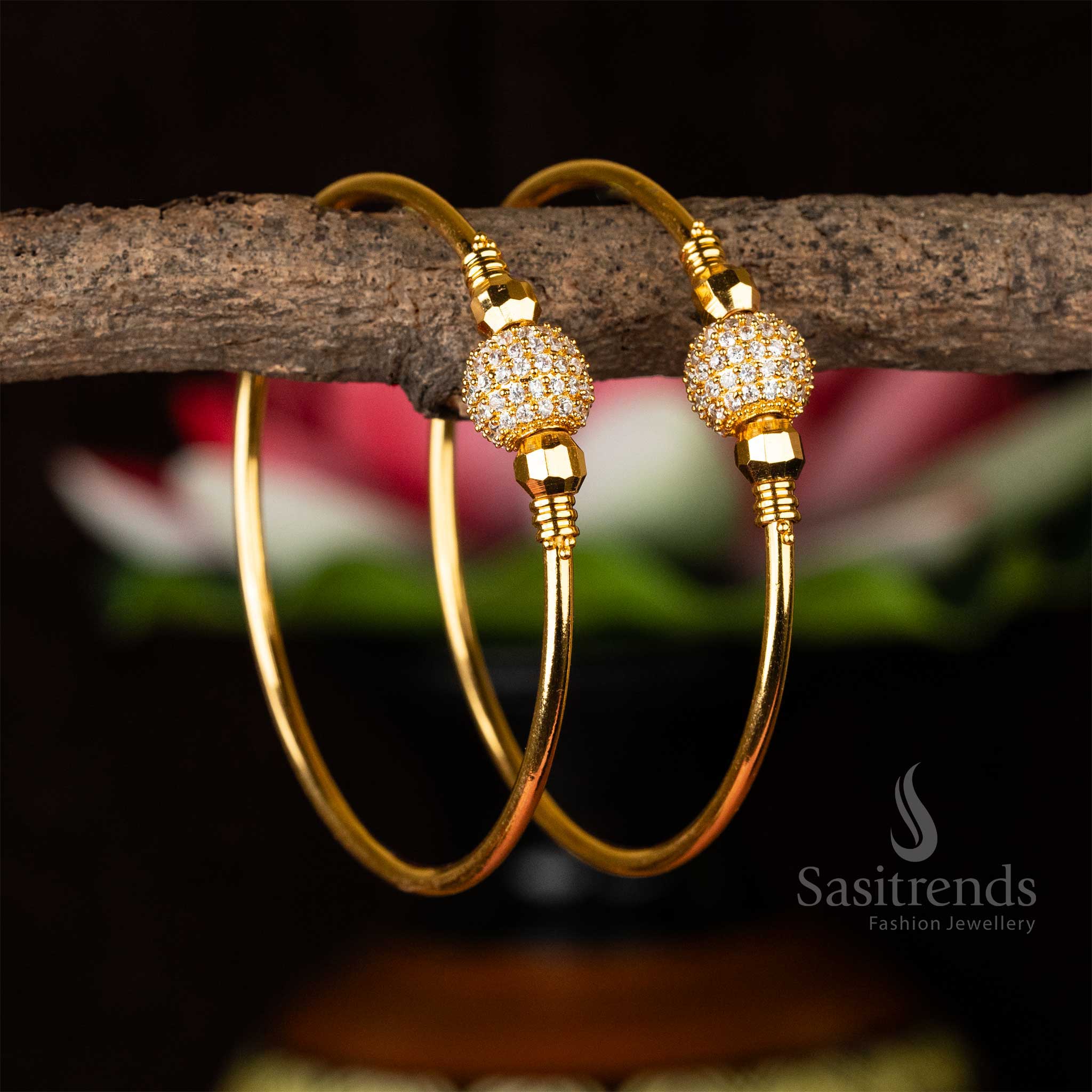 Guaranteed Micro Gold Plated Traditional Temple Wear Micro Gold Plated Full Ball Designer White AD Stone Studded Bangles Sasitrends Online Shopping