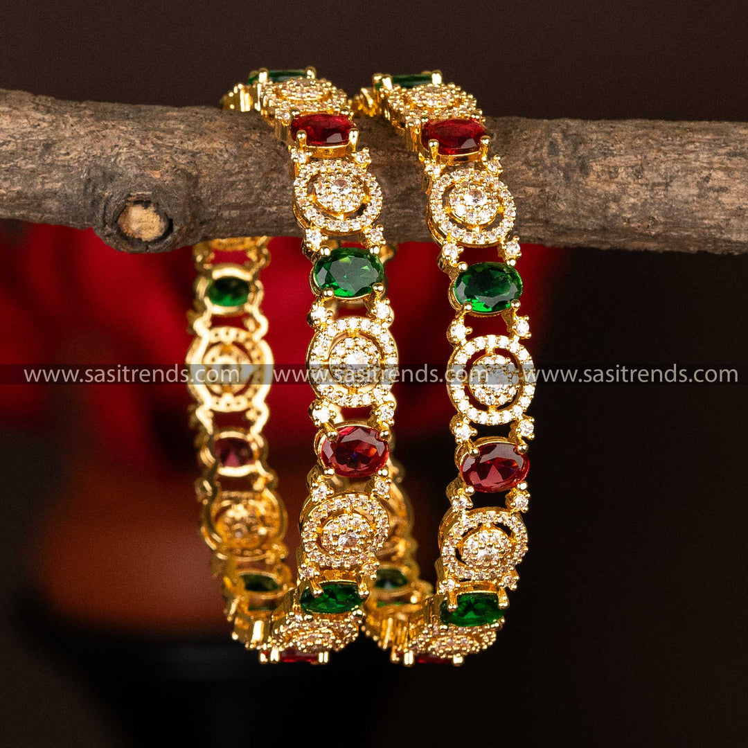 Attractive Guaranteed Micro Gold Plated Round and Oval Pattern Multi AD Stone Bangles