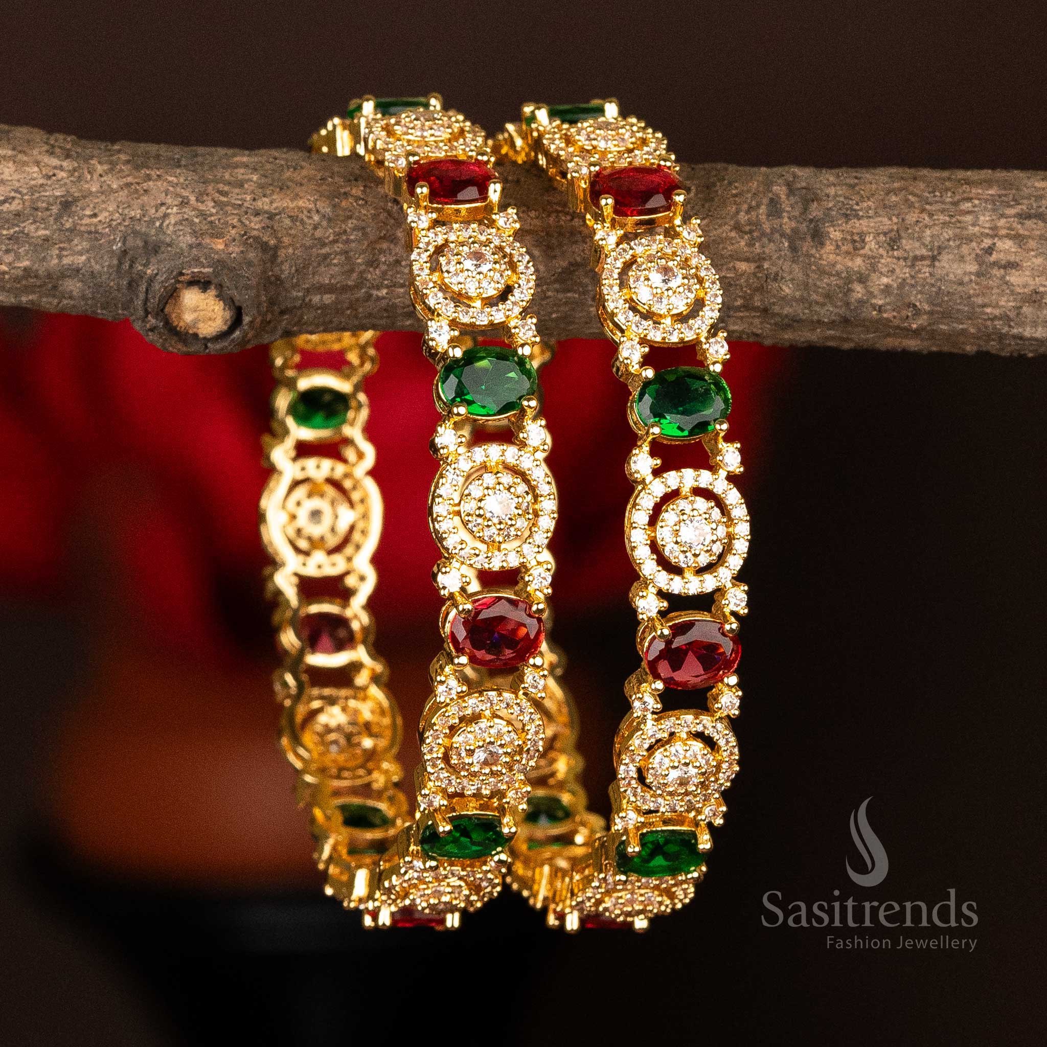 Guaranteed One Gram Micro Gold Plated Round Oval Shaped Multi AD Stone Studded Bangles - Sasitrends