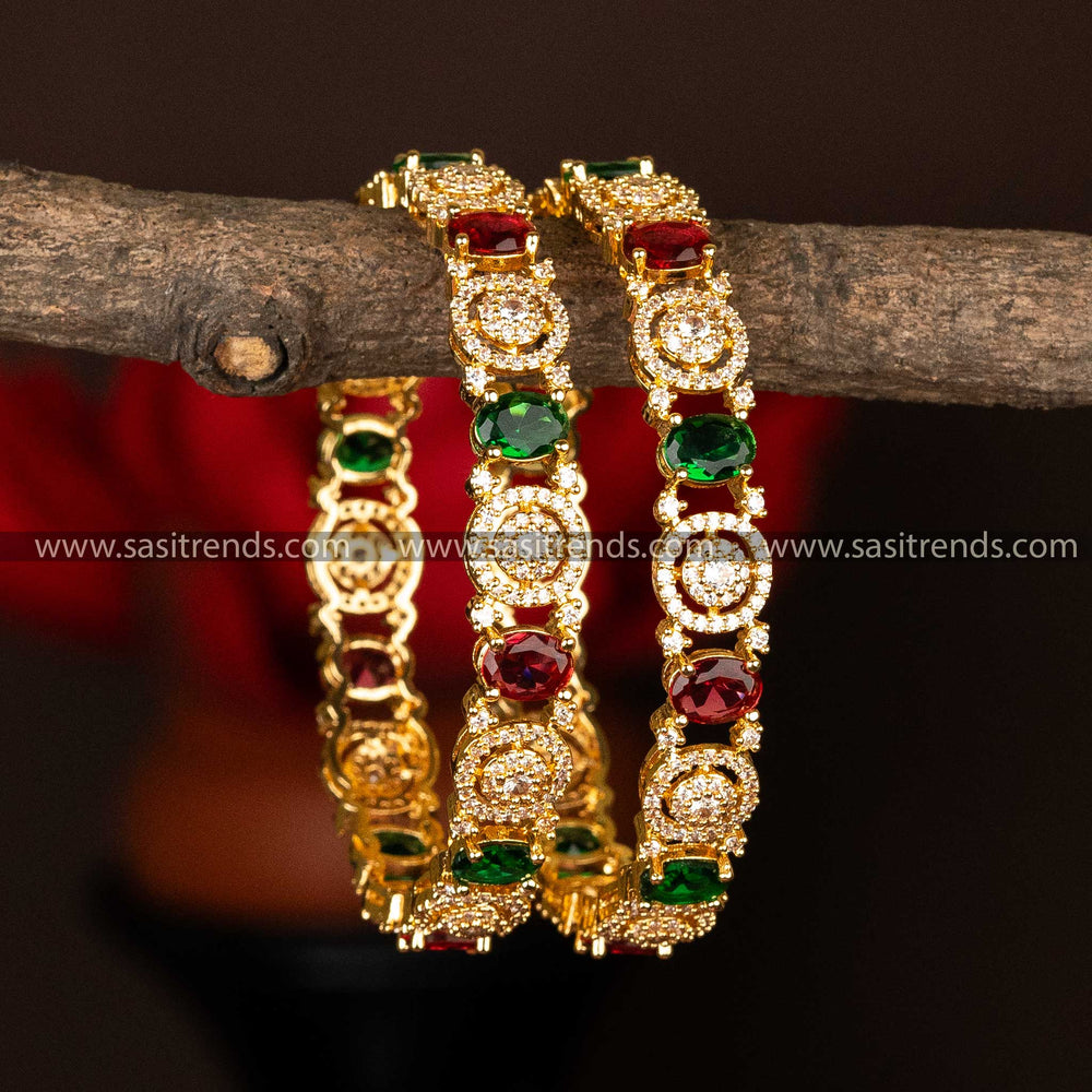 Guaranteed One Gram Micro Gold Plated Round Oval Shaped Multi AD Stone Studded Bangles