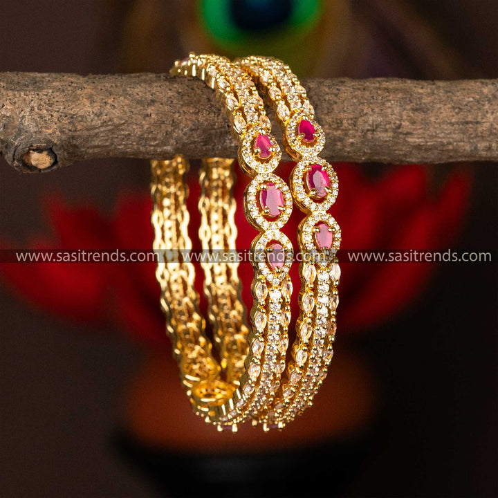 Attractive Traditional Guaranteed Micro Gold Plated Tear Drop Oval Marquise and Round White Ruby  AD Stone Bangles