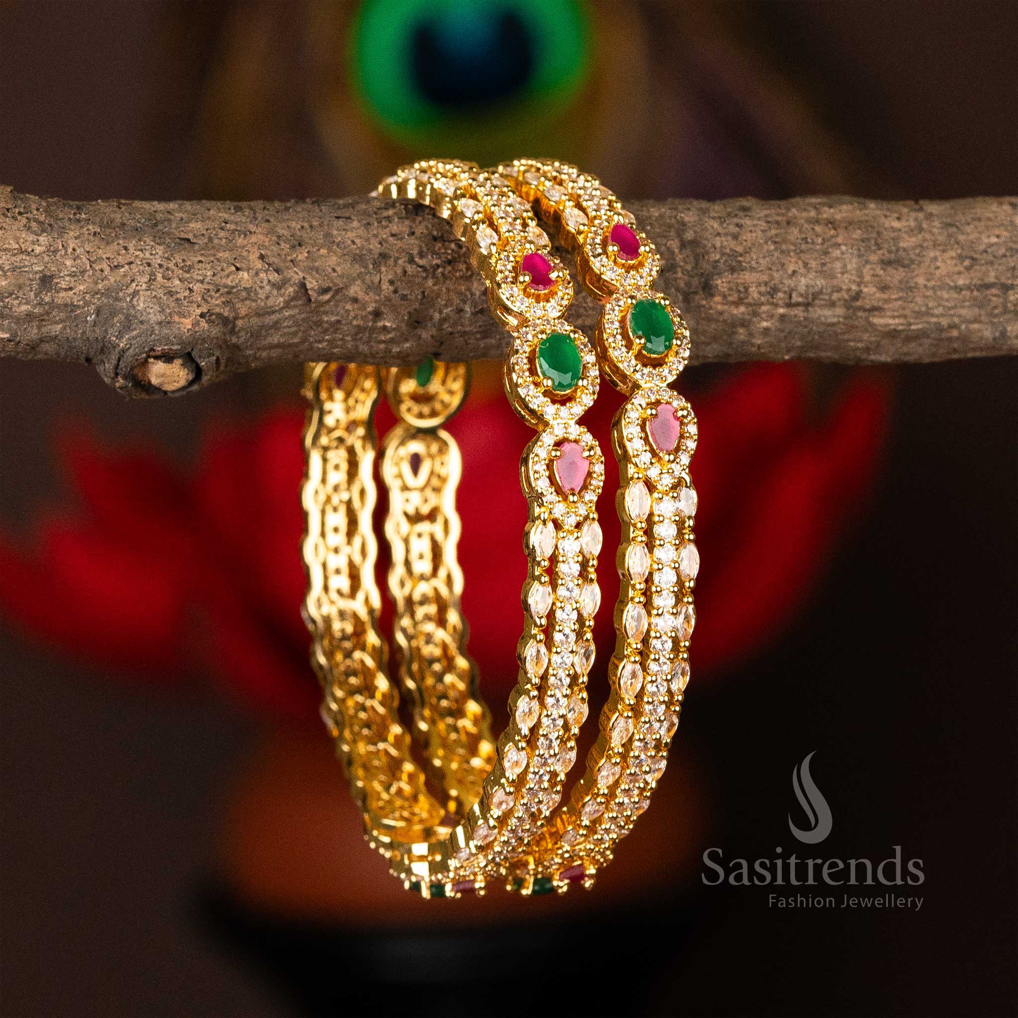 Majestic multi-hued gold plated traditional bangles embellished with sparkling American diamond accents - Sasitrends 