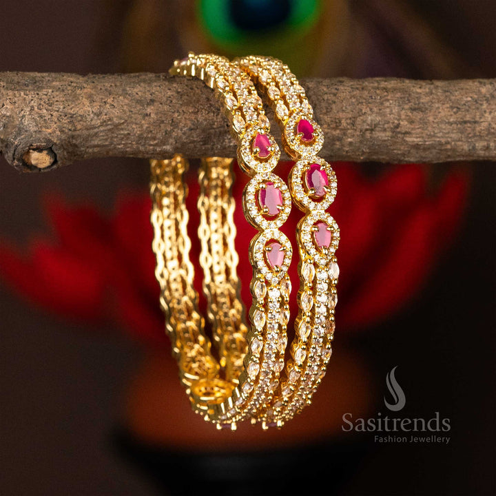 Splendid white-ruby gold plated traditional bangles featuring brilliant American diamond accents - Sasitrends