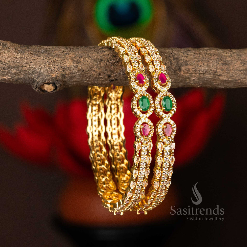 Stunning multi-toned gold plated bangles for women, embedded with glittering American diamonds - Sasitrends