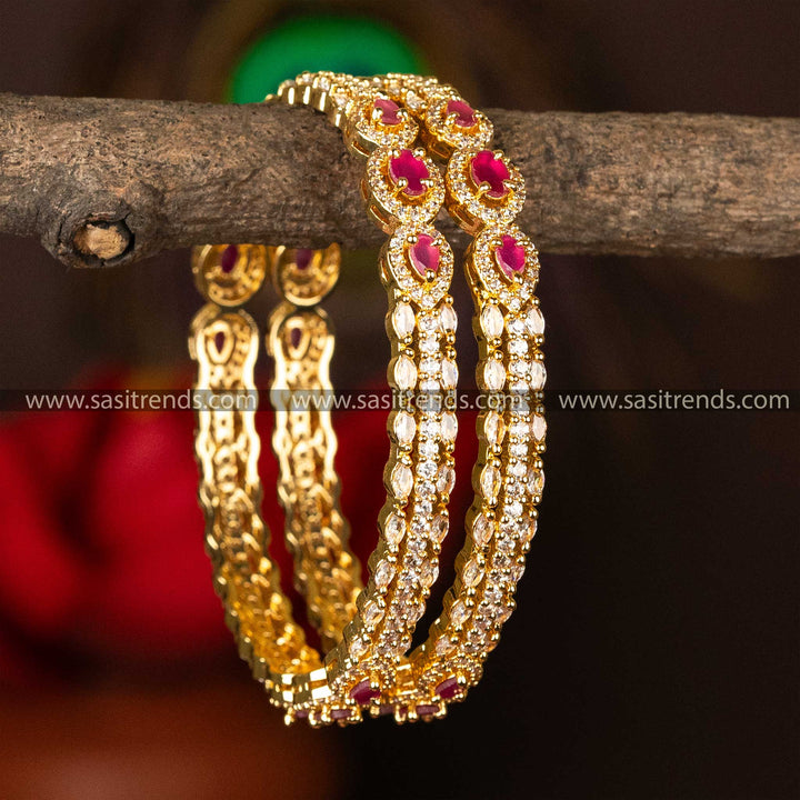 Traditional Guaranteed Micro Gold Plated Tear Drop Oval Marquise and Round White Ruby AD Stone Bangles