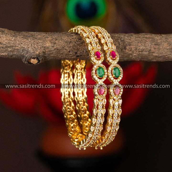 Traditional Guaranteed Micro Gold Plated Tear Drop Oval Marquise and Round Multi AD Stone Bangles