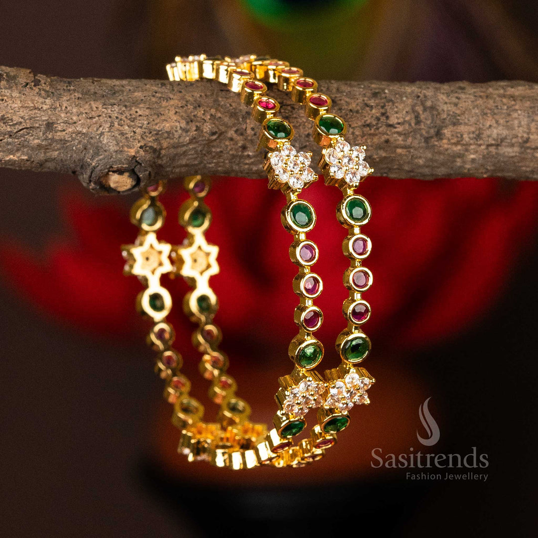 Traditional Wear Micro Gold Plated Round Stone Studded Center Star Pattern Bangles - Sasitrends