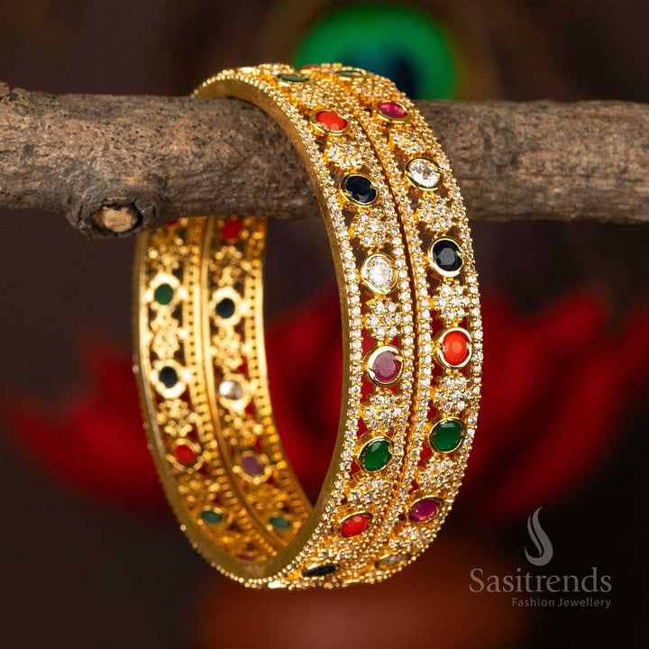 Micro Gold Plated One Gram Traditional Navarathna AD Stone Studded Bangles Sasitrends Online Shopping