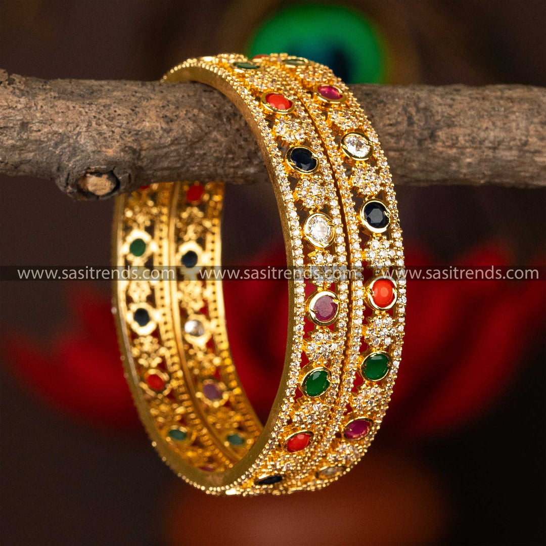 Micro Gold Plated One Gram Traditional Navarathna AD Stone Studded Bangles Sasitrends Online Shopping