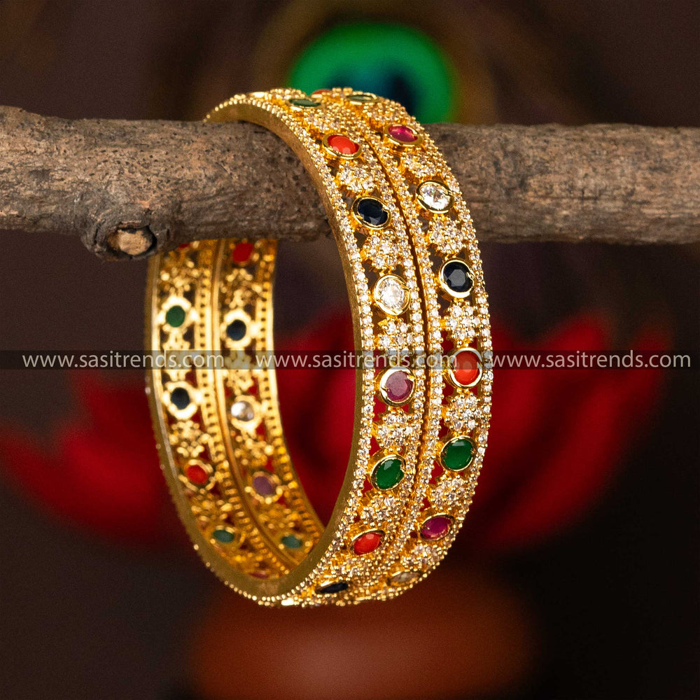 Traditional Micro Gold Plated Guaranteed Bangles Navarathna AD Stone Studded Bangles Sasitrends Online Shopping