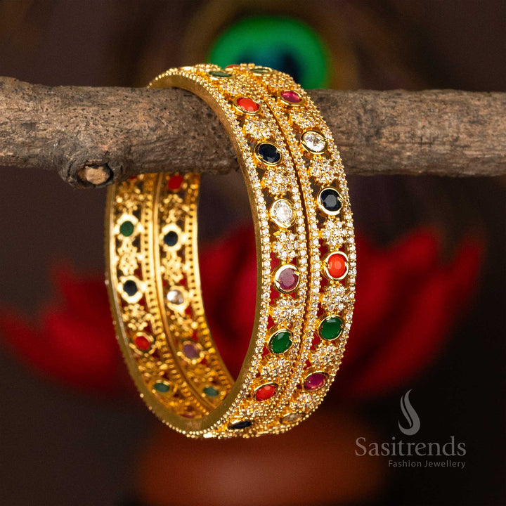 Traditional Micro Gold Plated Guaranteed Bangles Navarathna AD Stone Studded Bangles Sasitrends Online Shopping