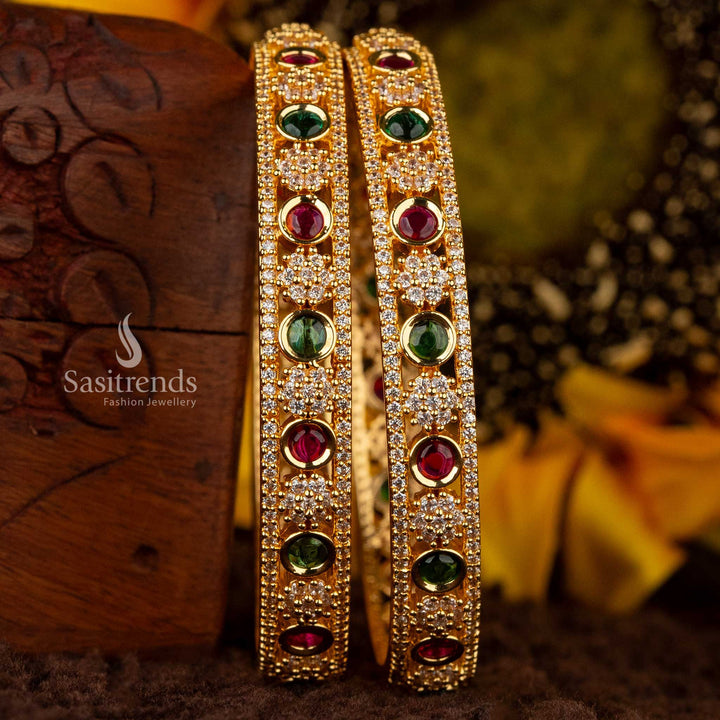 Exquisite Traditional Micro Gold Plated Round and Star Designer American Diamond Stones Bangles Pair - Sasitrends