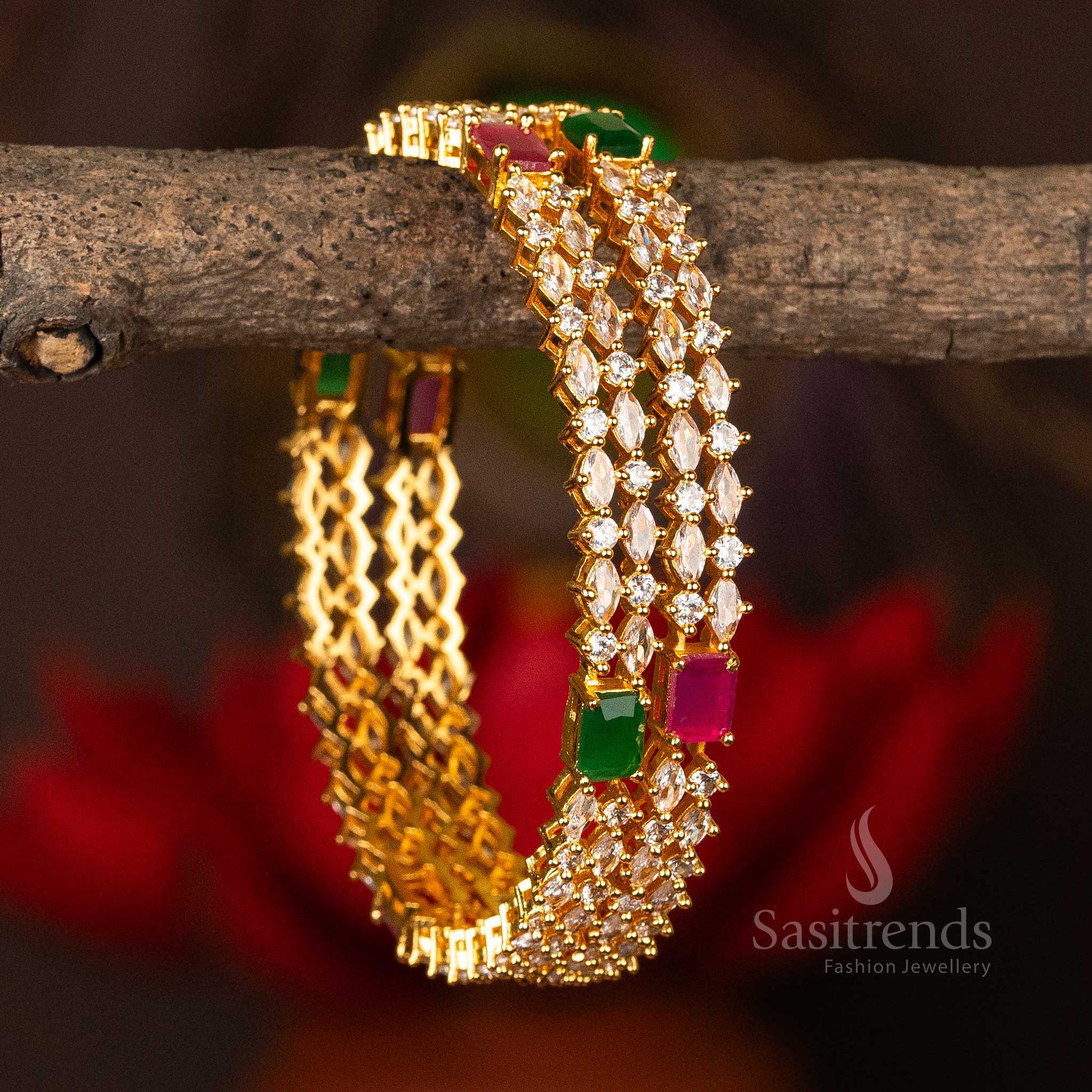 Traditional Elegant Micro Gold Plated Two Line Marquise and Round AD Stone Center Rectangle bangles - Sasitrends