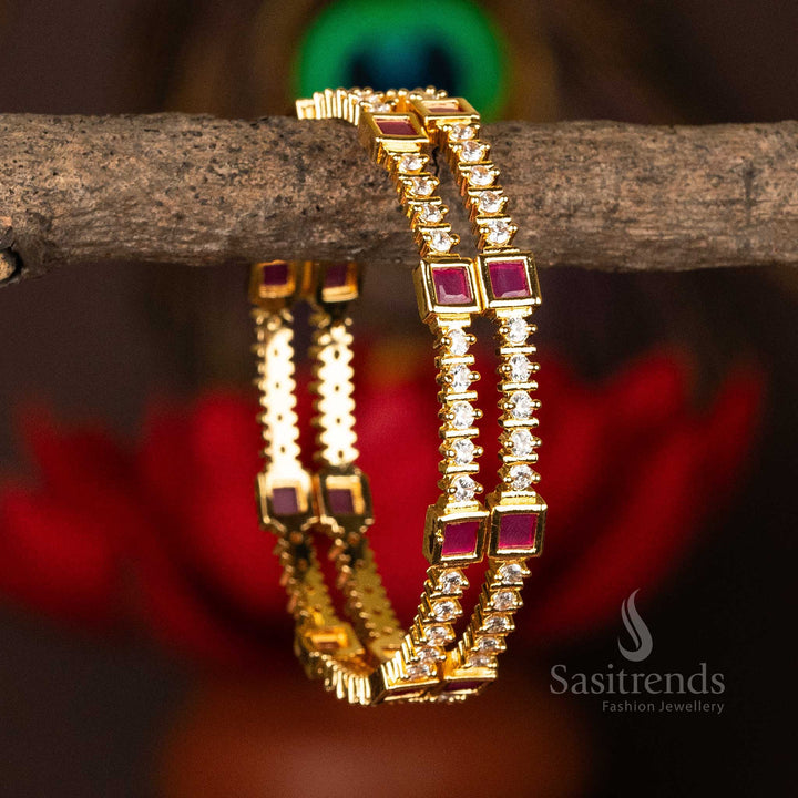 Ornate white and ruby stone-studded gold plated bangles with a radiant round and square American diamond sparkle - Sasitrends